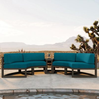 Misty Cove 3 Pc Aluminum Curve Loveseat Set in Slate W/ Spectrum Peacock Cushions By Lakeview