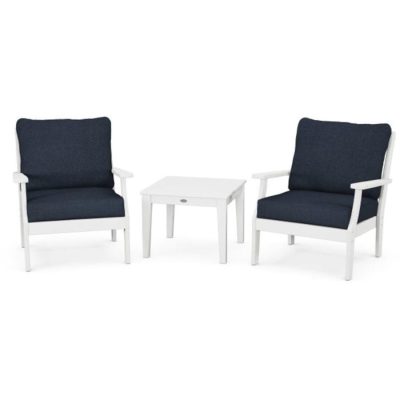 POLYWOOD Braxton 3-Piece Deep Seating Set in White / Marine Indigo