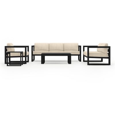 Misty Cove 5 Pc Aluminum Sofa Set in Black W/ Canvas Flax Cushions By Lakeview