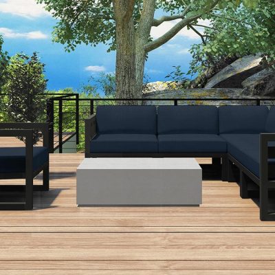 Misty Cove 7 Pc Aluminum Sectional Set in Slate W/ Spectrum Indigo Cushions & Long Coffee Table By Lakeview