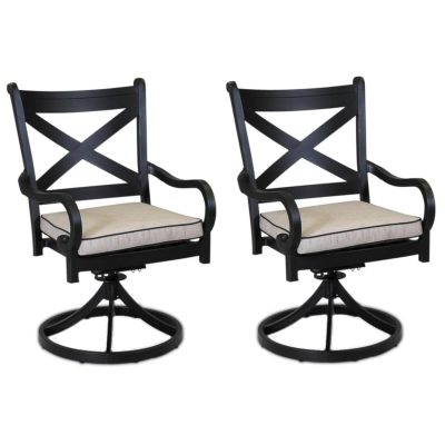 Monterey 2 Piece Aluminum Patio Swivel Rocker Dining Arm Chair Set W/ Sunbrella Frequency Sand Cushions By Sunset West