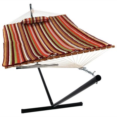 Ultimate Patio Rope Hammock w/ 12-Foot Stand, Pad, & Pillow – Tropical Orange Stripe