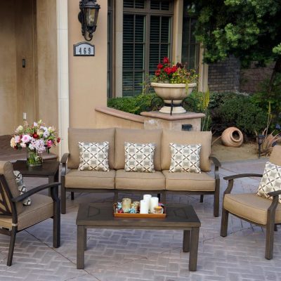 Darlee Brooklyn 5 Piece Patio Conversation Set W/ 43 X 21-Inch Rectangular Coffee Table & 21-Inch Square End Table & Sesame Cushions