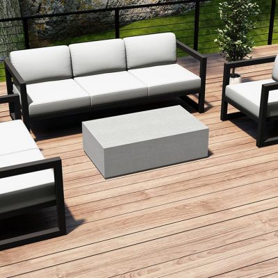 Misty Cove 4 Pc Aluminum Sofa Set in Slate W/ Canvas Natural Cushions & Long Coffee Table By Lakeview