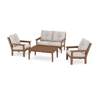 POLYWOOD Vineyard 4-Piece Deep Seating Set w/ 2 Club Chairs – Teak / Dune Burlap