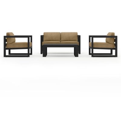 Misty Cove 4 Pc Aluminum Loveseat Set in Black W/ Heather Beige Cushions & Long Coffee Table By Lakeview