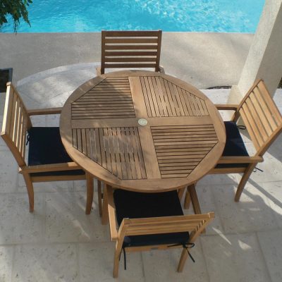 Avant 5 Piece Teak Patio Dining Set W/ 47 Inch Round Folding Table And Sunbrella Canvas Navy Cushions By Royal Teak Collection