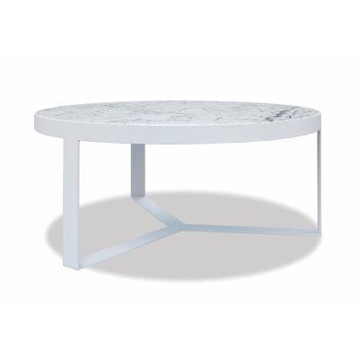 Sunset West Contemporary 38-Inch Round Aluminum Patio Coffee Table W/ Honed Cararra Marble Top – Frost