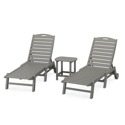 POLYWOOD Nautical 3-Piece Chaise Lounge W/Wheels Set W/South Beach 18 Inch Side Table – Slate Grey