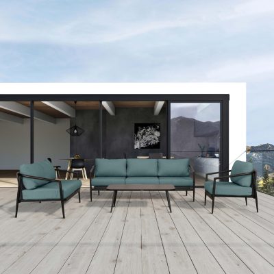 Midnight Cove 4 Pc Aluminum Sofa Loveseat Seating Set in Black/Carbon/Cast Lagoon By Lakeview Outdoor Designs