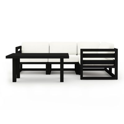 Misty Cove 5 Pc Aluminum Sectional Set in Black W/ Canvas Natural Cushions & Classic Chat Table By Lakeview