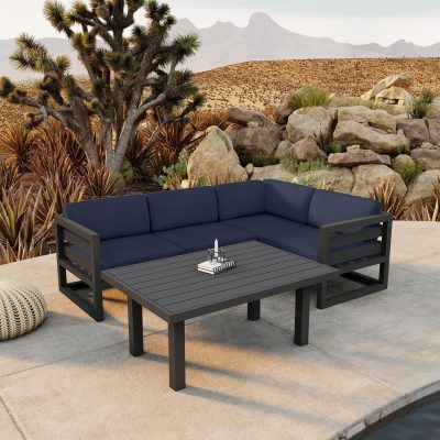 Misty Cove 5 Pc Aluminum Sectional Set in Slate W/ Spectrum Indigo Cushions & Classic Chat Table By Lakeview