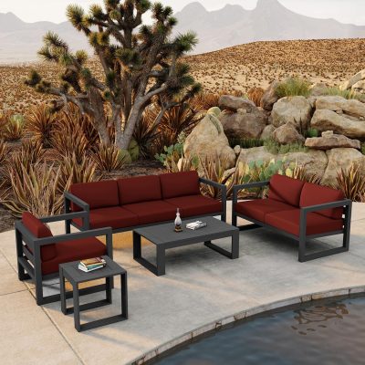 Misty Cove 5 Pc Aluminum Sofa Set in Slate W/ Canvas Henna Cushions By Lakeview