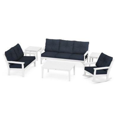 POLYWOOD Vineyard 6-Piece Deep Seating Set w/ Rocker – White / Marine Indigo