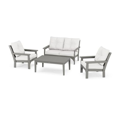 POLYWOOD Vineyard 4-Piece Deep Seating Set w/ 2 Club Chairs – Slate Grey / Natural Linen