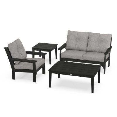 POLYWOOD Vineyard 4-Piece Deep Seating Set w/ Side Table – Black / Grey Mist