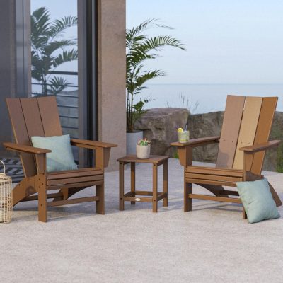 POLYWOOD Modern 3-Piece Curveback Adirondack Set w/ Long Island 18-Inch Side Table – Teak