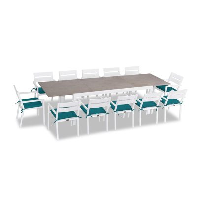 Calm Bay 13 Pc Extendable Dining Set in White/Barnwood/Spectrum Peacock by Lakeview