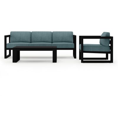 Misty Cove 3 Pc Aluminum Sofa Set in Black W/ Cast Lagoon Cushions & Portal Coffee Table By Lakeview