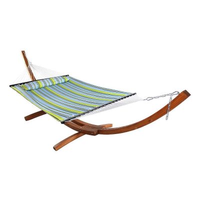 Ultimate Patio Quilted Double Hammock w/ 13-Foot Wood Stand & Pillow – Blue & Green