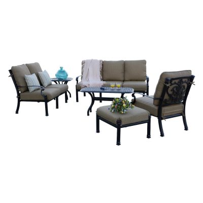 Darlee Santa Barbara 6 Piece Cast Aluminum Patio Conversation Set W/ 21 Inch Square End Table, 42 X 21 Inch Rectangular Coffee Table & Sesame Cushions