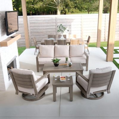 Sunset West Laguna 5 Piece Aluminum Patio Conversation Set W/ Sunbrella Canvas Flax Cushions