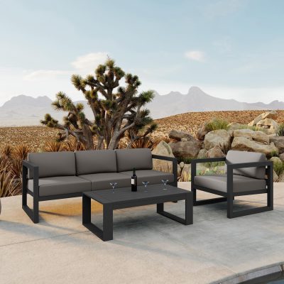 Misty Cove 3 Pc Aluminum Sofa Set in Slate W/ Canvas Charcoal Cushions & Portal Coffee Table By Lakeview