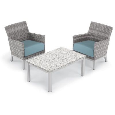 Argento 3 Piece Wicker Patio Conversation Set W/ Lite-Core Ash Coffee Table & Ice Blue Cushions By Oxford Garden