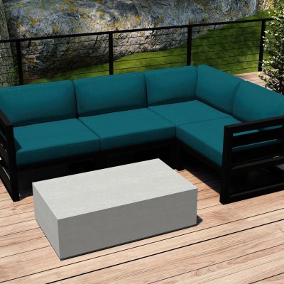 Misty Cove 5 Pc Aluminum Sectional Set in Black W/ Spectrum Peacock Cushions & Long Coffee Table By Lakeview