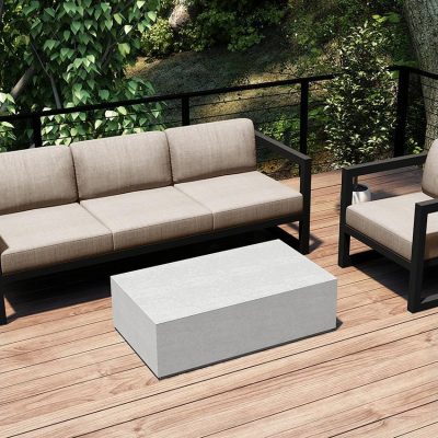 Misty Cove 3 Pc Aluminum Sofa Set in Slate W/ Canvas Flax Cushions & Long Coffee Table By Lakeview