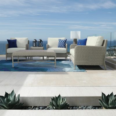 Sunset West Manhattan 5 Piece Wicker Patio Conversation Set W/ Sunbrella Linen Canvas Cushions