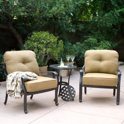 Darlee Elisabeth 3 Piece Cast Aluminum Patio Conversation Set W/ 21 Inch Round Ice Bucket End Table & Sesame Cushions