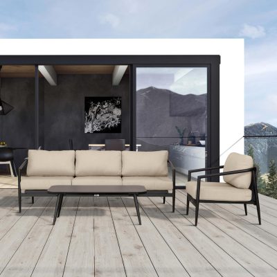 Midnight Cove 3 Pc Aluminum Sofa Seating Set in Black/Carbon/Canvas Flax By Lakeview Outdoor Designs