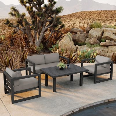 Misty Cove 4 Pc Aluminum Loveseat Set in Slate W/ Canvas Charcoal Cushions By Lakeview