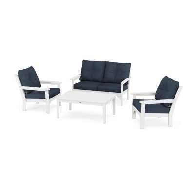 POLYWOOD Vineyard 4-Piece Deep Seating Set w/ 2 Club Chairs – White / Marine Indigo