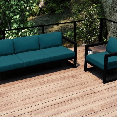 Misty Cove 2 Pc Aluminum Seating Set in Black W/ Spectrum Peacock Cushions By Lakeview