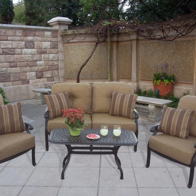 Darlee Nassau 4 Piece Cast Aluminum Patio Conversation Set W/ 42 X 21 Inch Coffee Table & Sesame Cushions