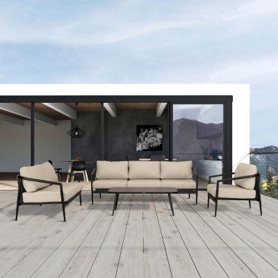 Midnight Cove 4 Pc Aluminum Sofa Loveseat Seating Set in Black/Carbon/Canvas Flax By Lakeview Outdoor Designs