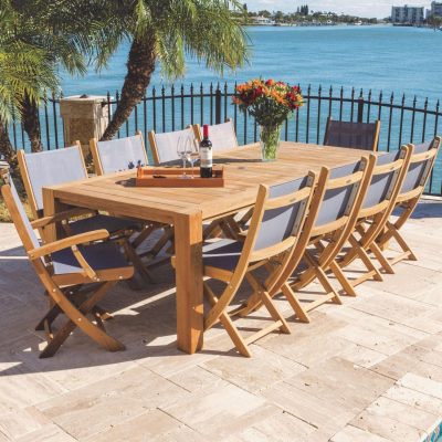 Sailmate 11 Piece Teak Patio Dining Set W/ 94 X 44 Inch Rectangular Table By Royal Teak Collection – Gray Sling