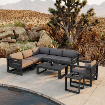 Misty Cove 8 Pc Aluminum Sectional Set in Slate W/ Canvas Charcoal Cushions By Lakeview