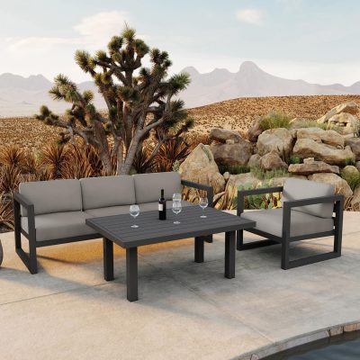 Misty Cove 3 Pc Aluminum Sofa Set in Slate W/ Canvas Charcoal Cushions & Classic Chat Table By Lakeview