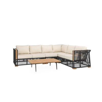 Breeze Olefin Rope & Teak Patio Sectional Set in Charcoal/Sand By Teak + Table