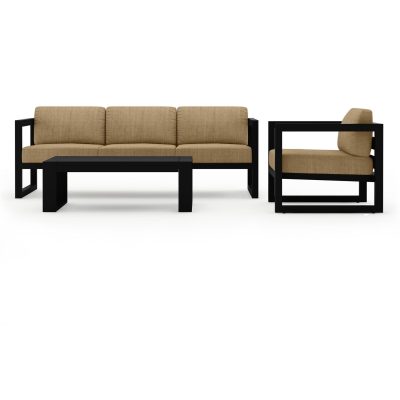 Misty Cove 3 Pc Aluminum Sofa Set in Black W/ Heather Beige Cushions & Portal Coffee Table By Lakeview