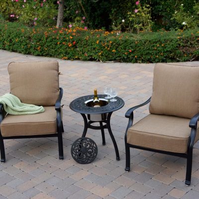 Darlee Capri 3 Piece Cast Aluminum Patio Conversation Set W/ 24-Inch Round Ice Bucket End Table & Sesame Cushions