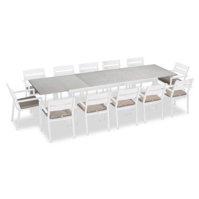 Calm Bay 13 Pc Extendable Dining Set in White/Concrete/Canvas Flax by Lakeview