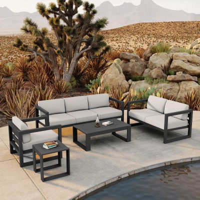 Misty Cove 5 Pc Aluminum Sofa Set in Slate W/ Canvas Natural Cushions By Lakeview