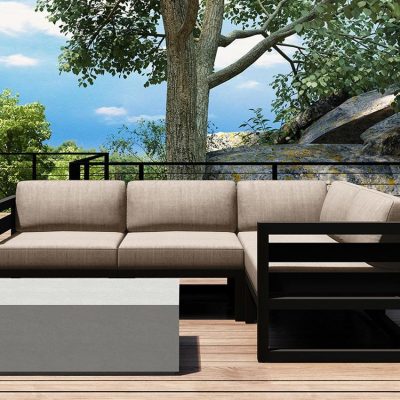 Misty Cove 5 Pc Aluminum Sectional Set in Slate W/ Canvas Flax Cushions & Long Coffee Table By Lakeview