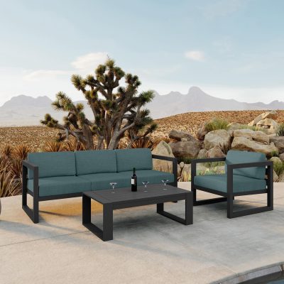 Misty Cove 3 Pc Aluminum Sofa Set in Slate W/ Cast Lagoon Cushions & Portal Coffee Table By Lakeview