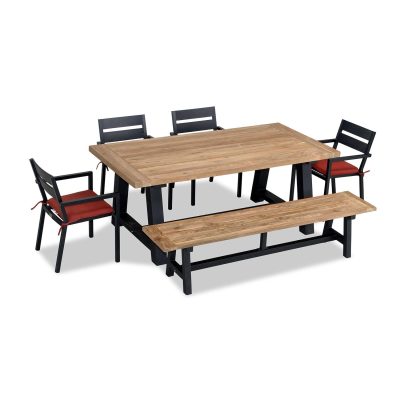 Calm Bay Mill 7 Pc Reclaimed Teak Dining Set w/ Bench in Black/Canvas Henna by Lakeview