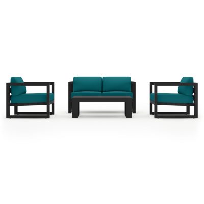 Misty Cove 4 Pc Aluminum Loveseat Set in Black W/ Spectrum Peacock Cushions & Long Coffee Table By Lakeview